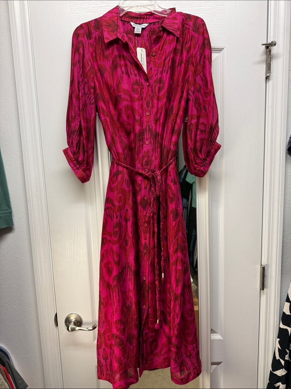 Tommy Bahama Fuchsia and Magenta Patterned Midi Shirt Dress